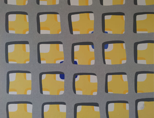 Behind the Windows — Original Geometric Abstract Painting by Yelena Revis Original geometric abstract painting Behind the Windows by Yelena Revis featuring a textured grey grid with rounded window cutouts revealing yellow, white, and blue shapes.