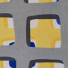 Blue Accent & Window Aperture Detail — "Behind the Windows" Abstract Painting by Yelena Revis Detail of blue accents behind yellow window cutouts in a textured grey grid, Behind the Windows by Yelena Revis