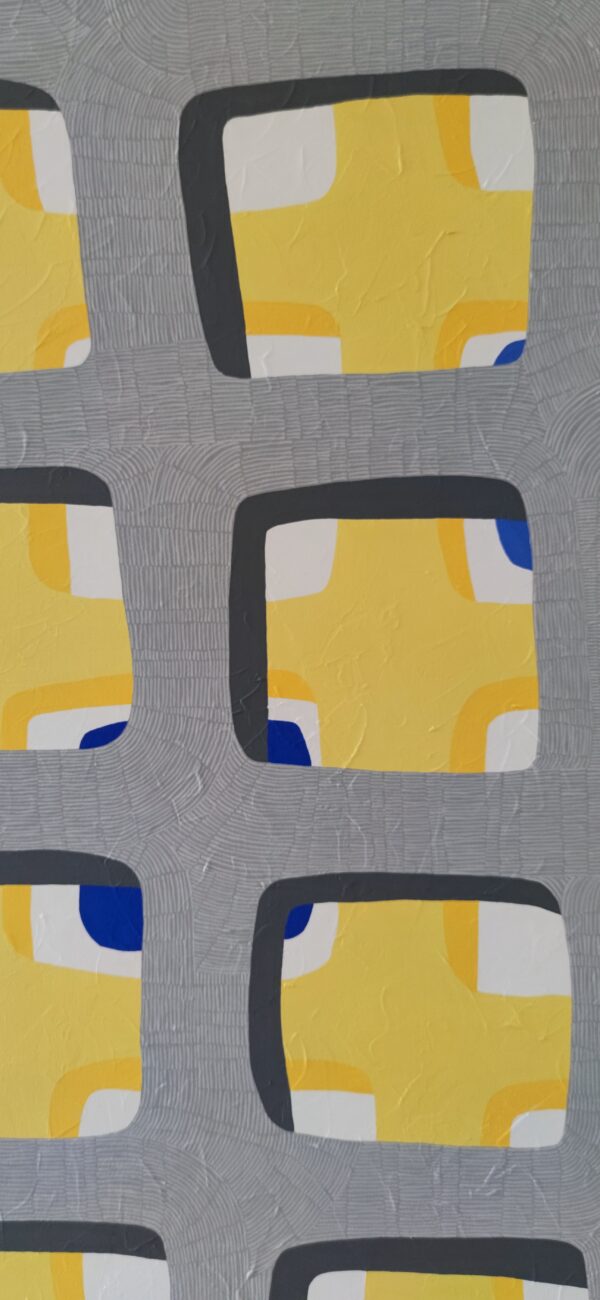 Blue Accent & Window Aperture Detail — "Behind the Windows" Abstract Painting by Yelena Revis Detail of blue accents behind yellow window cutouts in a textured grey grid, Behind the Windows by Yelena Revis
