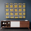 In-Situ View Above Console — "Behind the Windows" Abstract Painting by Yelena Revis Behind the Windows geometric abstract painting by Yelena Revis above a mid-century sideboard on a dark blue wall