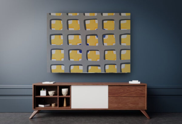 In-Situ View Above Console — "Behind the Windows" Abstract Painting by Yelena Revis Behind the Windows geometric abstract painting by Yelena Revis above a mid-century sideboard on a dark blue wall