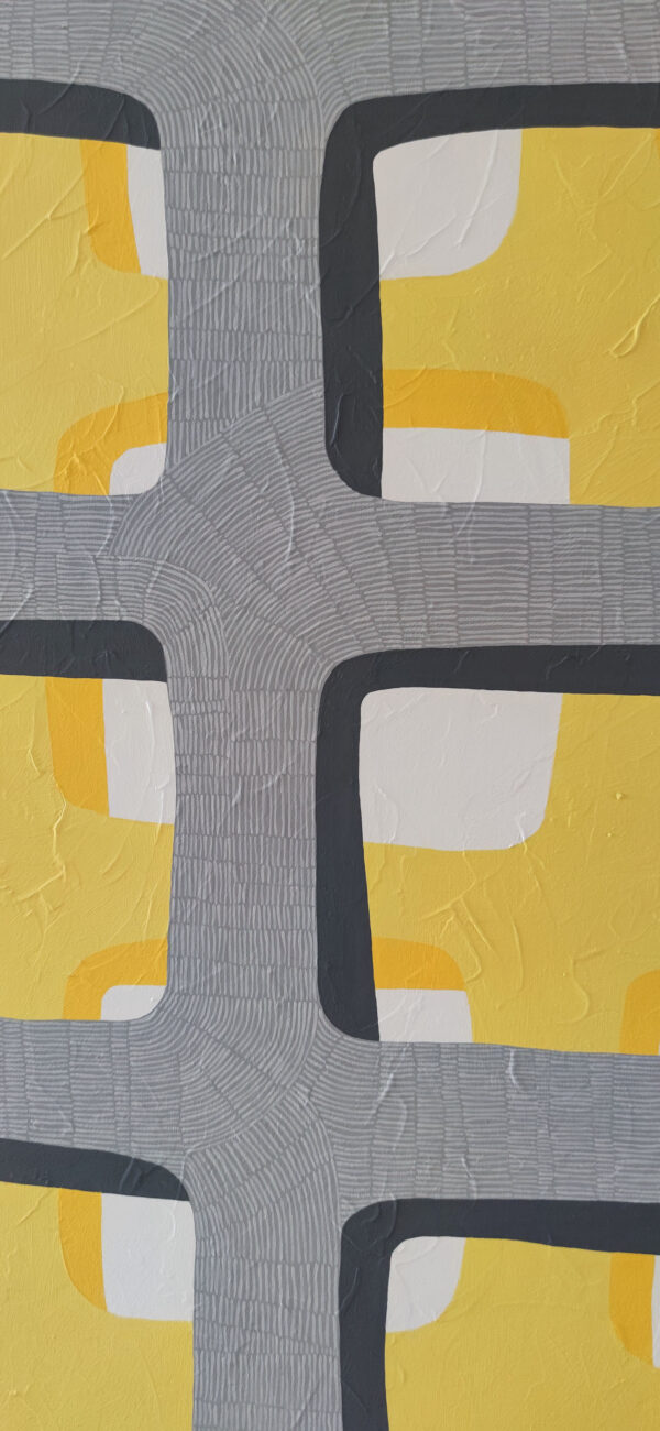 Fine Line Grid Texture Detail — "Behind the Windows" Abstract Painting by Yelena Revis Detail of hand-drawn line texture on the grey grid over yellow windows in Behind the Windows by Yelena Revis