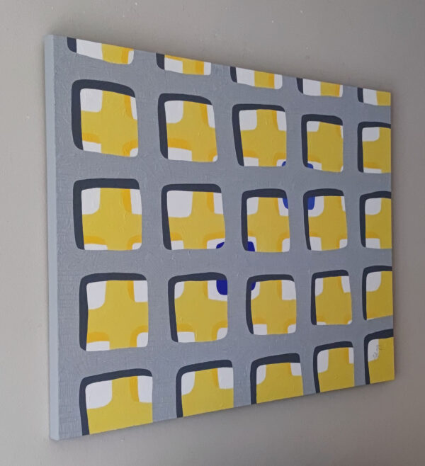 Angled Side Profile View — "Behind the Windows" Geometric Abstract Painting by Yelena Revis Side view of Behind the Windows by Yelena Revis showing finished edges and canvas texture depth