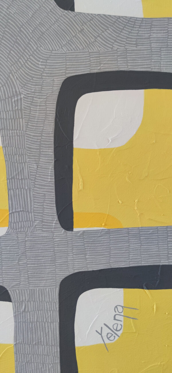 Artist Signature & Grid Detail — "Behind the Windows" Abstract Painting by Yelena Revis Yelena Revis signature on Behind the Windows, with fine crosshatch lines and a yellow window aperture