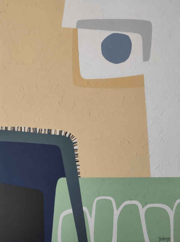 Original minimalist abstract painting Blue Fog by Yelena Revis featuring a blue orb shape on beige and white blocks, navy geometry, sage green arced lines, and stitched fringe edging.