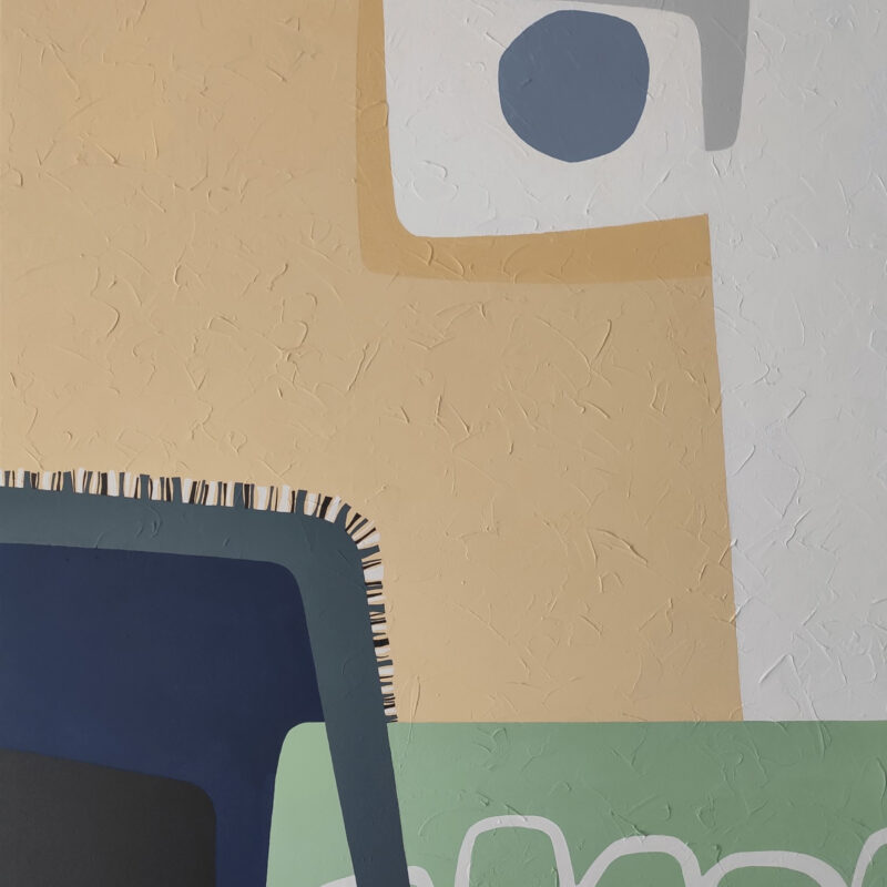 Original minimalist abstract painting Blue Fog by Yelena Revis featuring a blue orb shape on beige and white blocks, navy geometry, sage green arced lines, and stitched fringe edging.