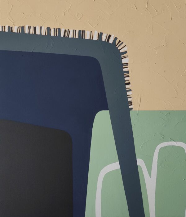 Detail of stitched-line accents along a navy curved shape on textured beige in Blue Fog by Yelena Revis