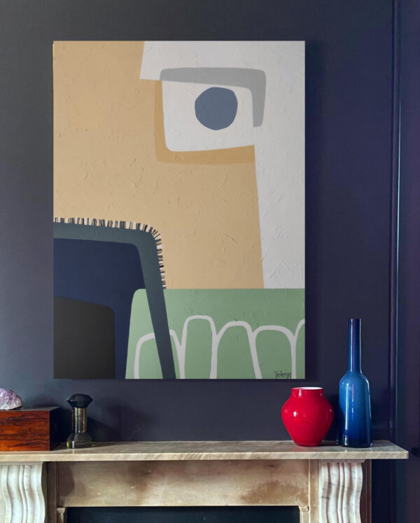 Blue Fog abstract painting by Yelena Revis framed above a fireplace mantel in a dark modern interior