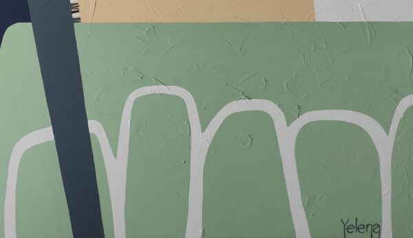 Yelena Revis signature on the sage green textured background of Blue Fog, beside white line arches