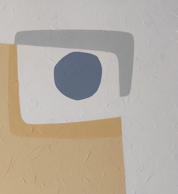 Detail of a slate blue orb inside a white geometric shape in Blue Fog by Yelena Revis