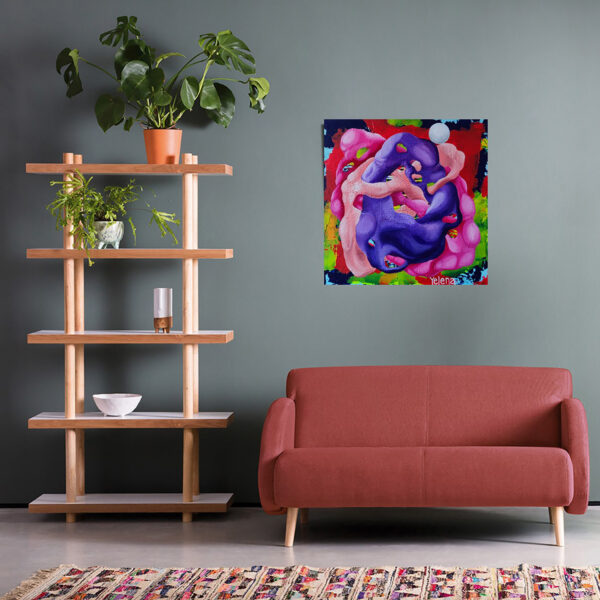 Chromatic Paradox abstract painting by Yelena Revis on a charcoal wall above a terracotta sofa