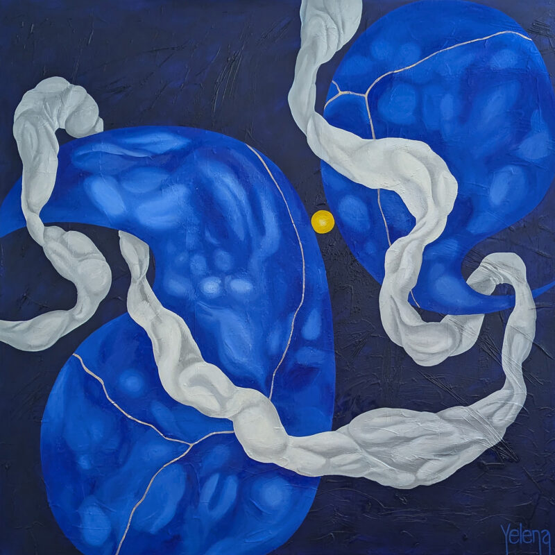 Cobalt Dreamscape — Original Abstract Blue Painting by Yelena Revis Original abstract blue painting Cobalt Dreamscape by Yelena Revis featuring cobalt blue organic forms with silver kintsugi lines, white impasto ribbons, and a yellow sun sphere on a dark background.