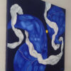 Cobalt Dreamscape abstract painting by Yelena Revis on a light wall above a white sofa with yellow pillows