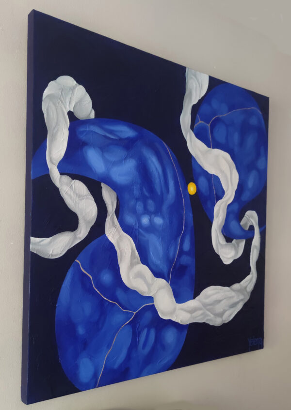Cobalt Dreamscape abstract painting by Yelena Revis on a light wall above a white sofa with yellow pillows