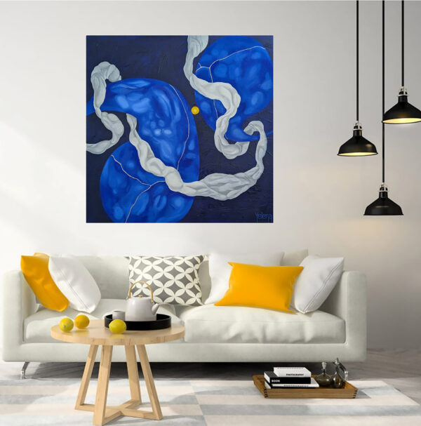 Cobalt Dreamscape blue abstract painting by Yelena Revis above a white sofa with yellow cushions