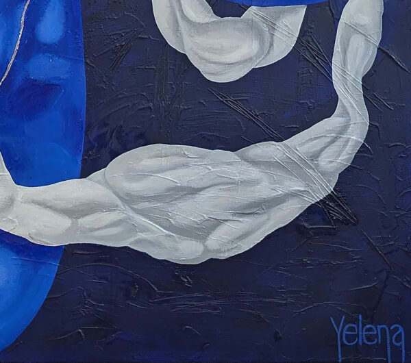 Yelena Revis signature in blue paint on dark navy in Cobalt Dreamscape