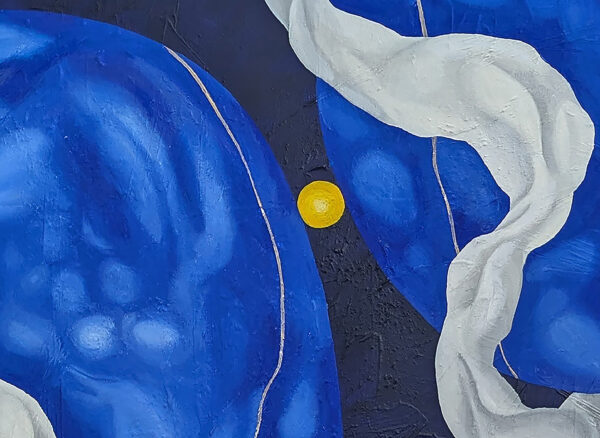 Detail of the yellow focal orb between cobalt blue shapes and gold linework in Cobalt Dreamscape by Yelena Revis