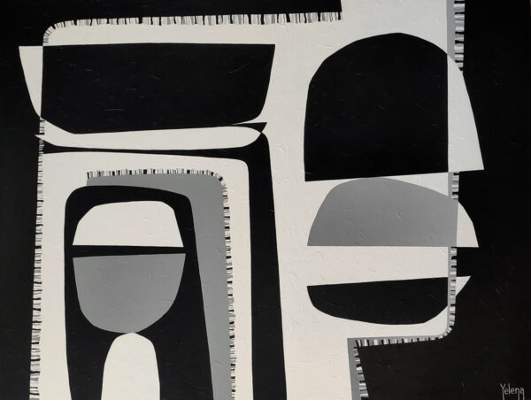 Contrasts II by Yelena Revis: black and off-white geometric shapes with a grey central panel and stitched edging