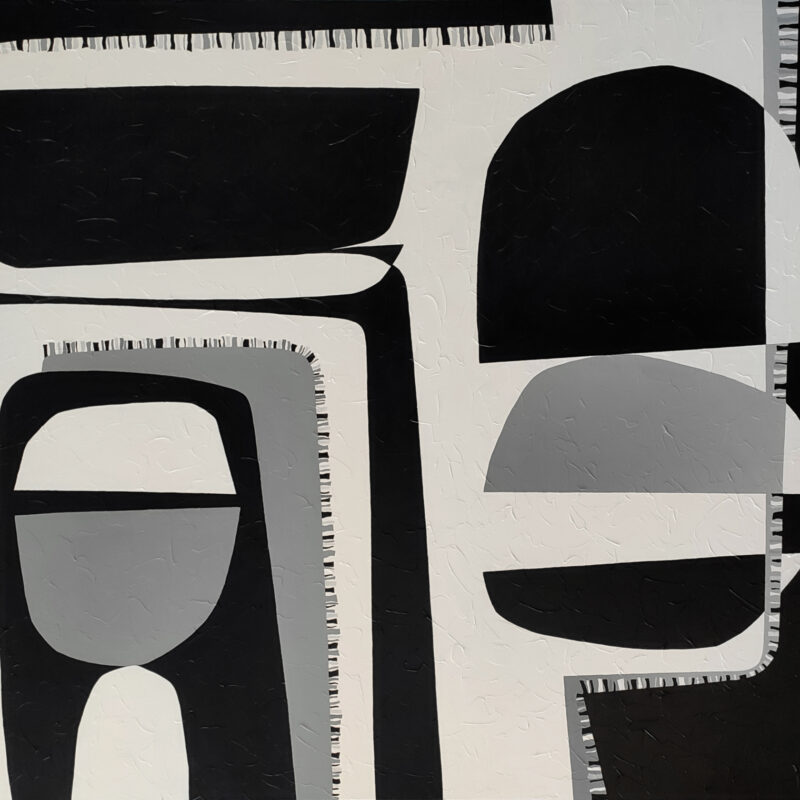 Contrasts II — Original Black and White Abstract Painting by Yelena Revis Contrasts II by Yelena Revis: black and off-white geometric shapes with a grey central panel and stitched edging
