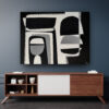 Contrasts II by Yelena Revis hanging above a walnut sideboard against a dark blue wall