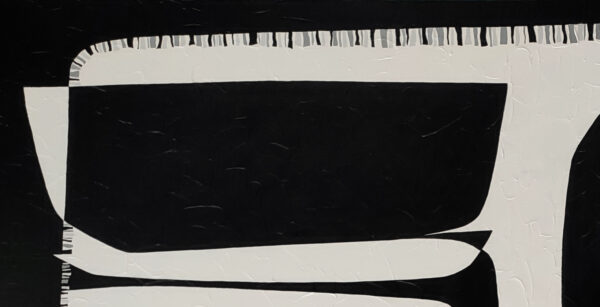 Close-up of black and off-white forms in Contrasts II with a fringe of fine stitched marks along the edge
