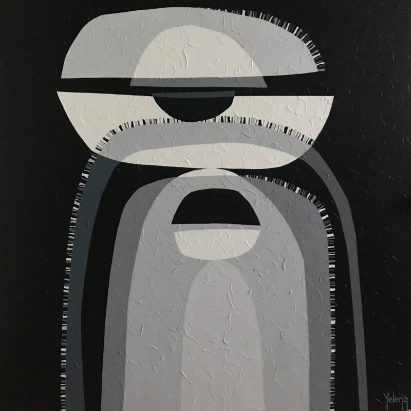 Title: Contrasts III — Original Monochromatic Abstract Painting by Yelena Revis Contrasts III by Yelena Revis: stacked grey, off-white and black arch and dome shapes on a black ground