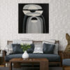 In-Situ Modern Living Room Display — "Contrasts III" Monochromatic Abstract Painting by Yelena Revis Contrasts III by Yelena Revis hanging above a navy sofa against a white hexagon-tiled wall