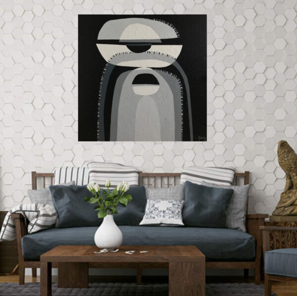 In-Situ Modern Living Room Display — "Contrasts III" Monochromatic Abstract Painting by Yelena Revis Contrasts III by Yelena Revis hanging above a navy sofa against a white hexagon-tiled wall