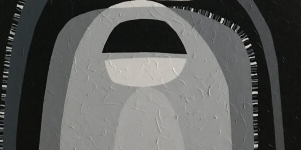 Central Arch Motif Macro — "Contrasts III" Monochromatic Abstract Painting by Yelena Revis Close-up of nested grey archways in Contrasts III with a dark semicircle and textured paint