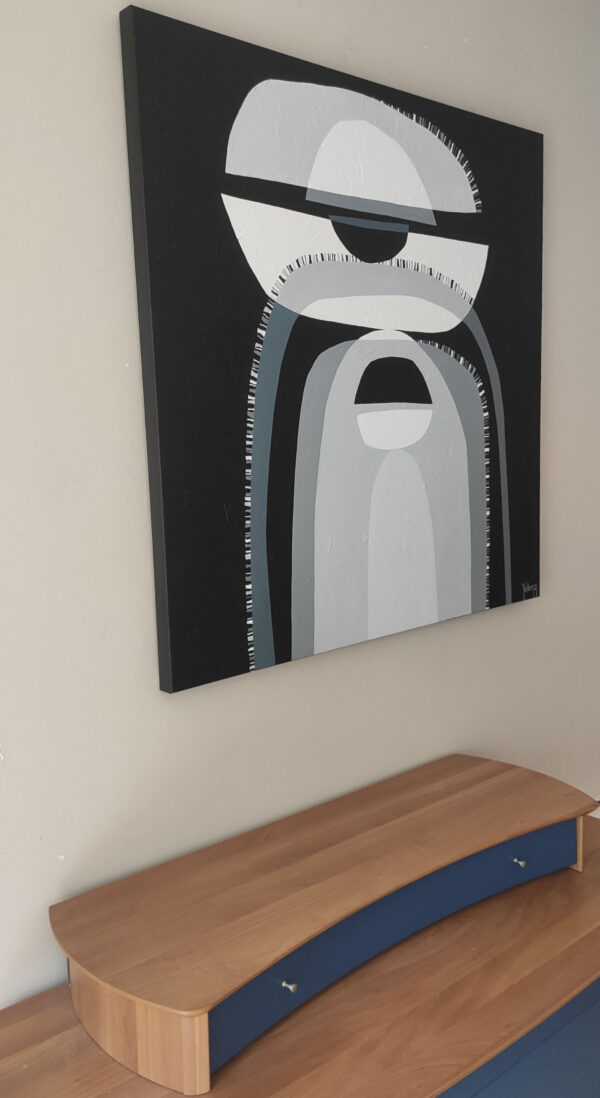 Angled Side Profile View — "Contrasts III" Monochromatic Abstract Painting by Yelena Revis Angled side view of Contrasts III showing the deep black canvas edge, hung above a wooden sideboard
