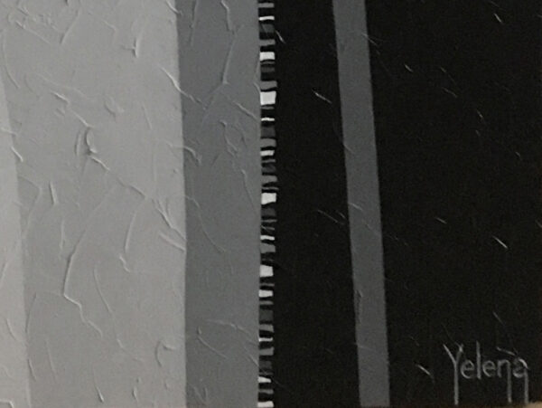 Artist Signature & Lower-Right Geometry Macro — "Contrasts III" Monochromatic Abstract Painting by Yelena Revis Close-up of Contrasts III with the signature Yelena in the bottom right and textured grey paint