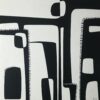 Original monochromatic abstract painting Contrasts by Yelena Revis featuring black and off-white interlocking geometric archways, rounded cutouts, and stitched fringe edging.