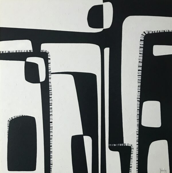 Original monochromatic abstract painting Contrasts by Yelena Revis featuring black and off-white interlocking geometric archways, rounded cutouts, and stitched fringe edging.