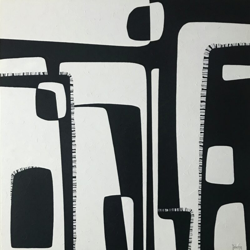 Contrasts — Original Monochromatic Abstract Painting by Yelena Revis Original monochromatic abstract painting Contrasts by Yelena Revis featuring black and off-white interlocking geometric archways, rounded cutouts, and stitched fringe edging.