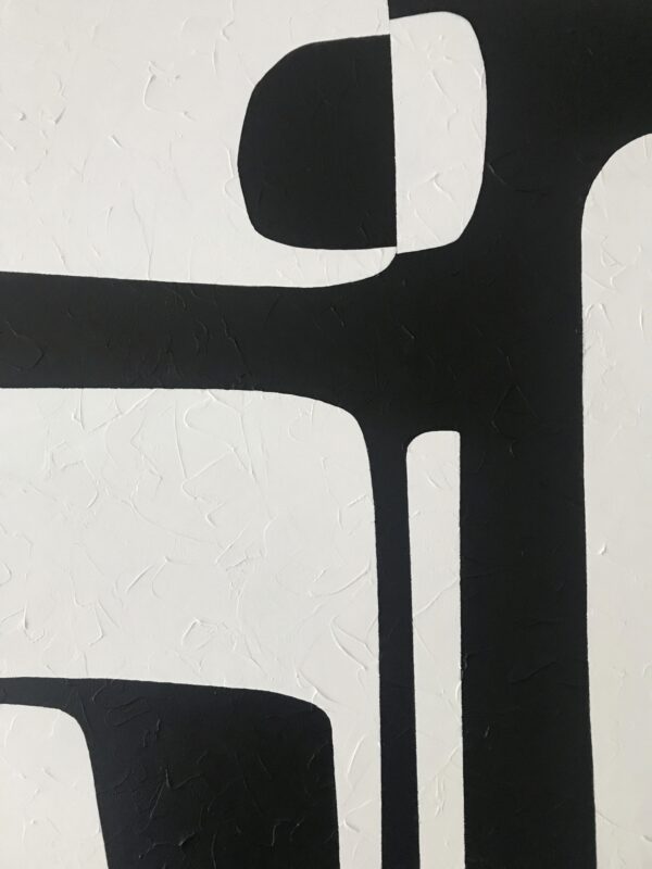 Detail of impasto texture and interlocking black and white forms in Contrasts by Yelena Revis