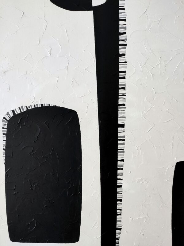 Detail of stitched hatch-mark lines beside textured black paint in Contrasts by Yelena Revis