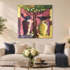Conversation surrealist painting by Yelena Revis styled above a cream sofa in an elegant modern living room interior.