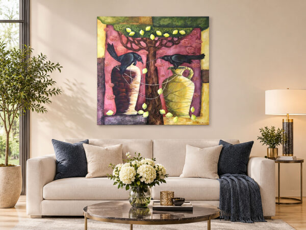 Conversation surrealist painting by Yelena Revis styled above a cream sofa in an elegant modern living room interior.