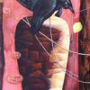 Conversation detail painting by Yelena Revis featuring black crow perched on an urn with threads and lemons.