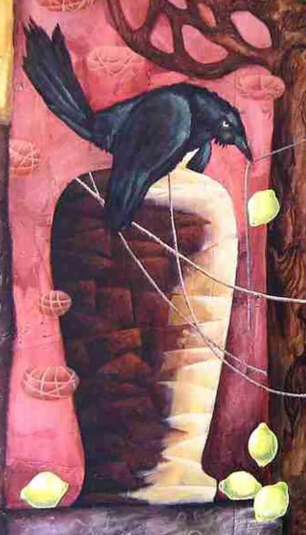 Conversation detail painting by Yelena Revis featuring black crow perched on an urn with threads and lemons.