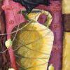 Conversation detail painting by Yelena Revis featuring black crow on yellow ceramic jug with threads and lemons.