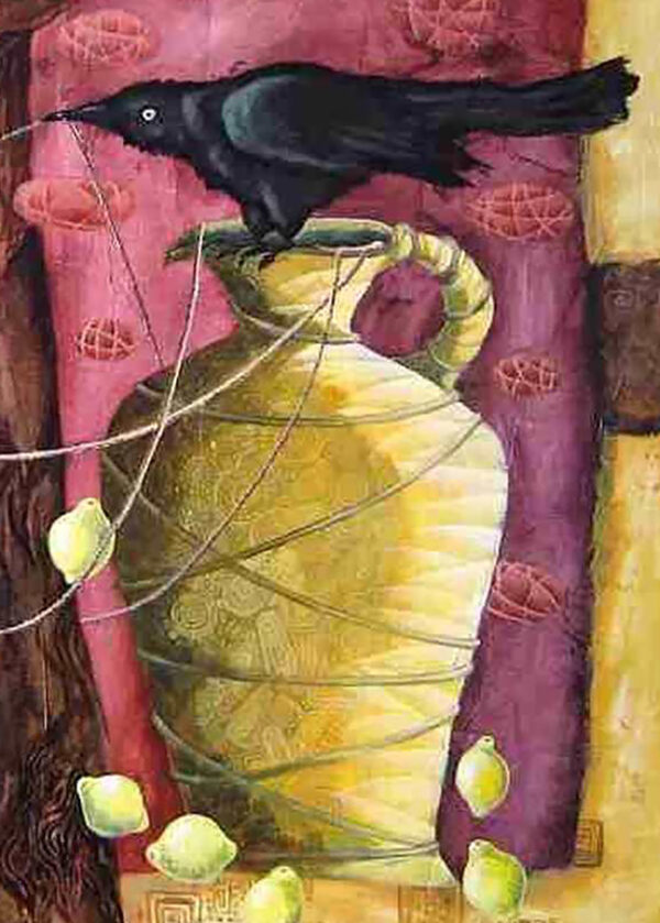 Conversation detail painting by Yelena Revis featuring black crow on yellow ceramic jug with threads and lemons.
