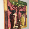 Conversation surrealist painting by Yelena Revis side view showing stretched canvas edge and painted borders.
