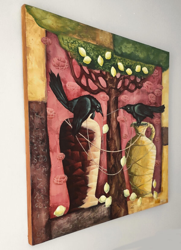 Conversation surrealist painting by Yelena Revis side view showing stretched canvas edge and painted borders.