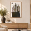 Curved Shadows framed painting by Yelena Revis styled above an oak credenza in a modern minimalist living room.