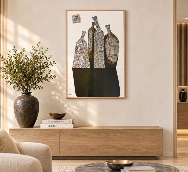 Curved Shadows framed painting by Yelena Revis styled above an oak credenza in a modern minimalist living room.