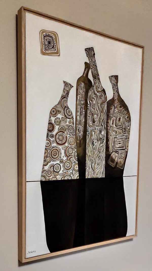 Curved Shadows framed painting by Yelena Revis side view showing natural oak floating frame and canvas profile.