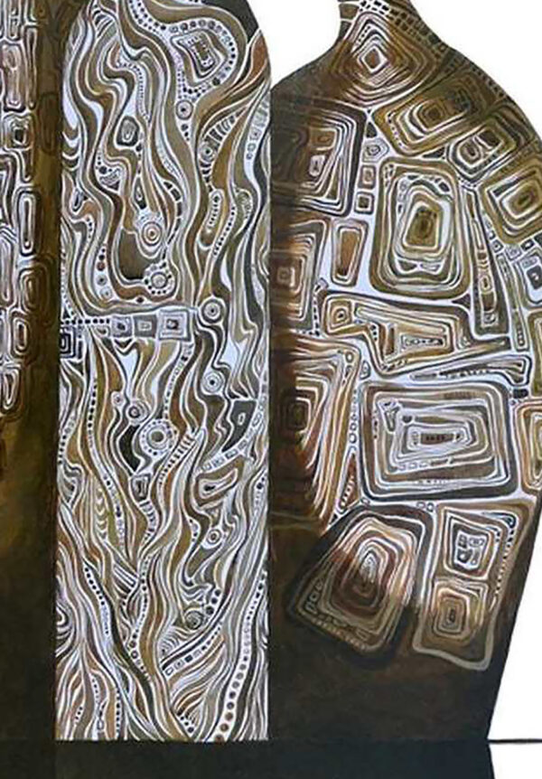 Curved Shadows painting detail by Yelena Revis showcasing intricate geometric patterns, linework, and earthy ceramic textures.
