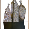 Curved Shadows framed painting by Yelena Revis featuring four patterned ceramic vessels and dark dramatic shadows.