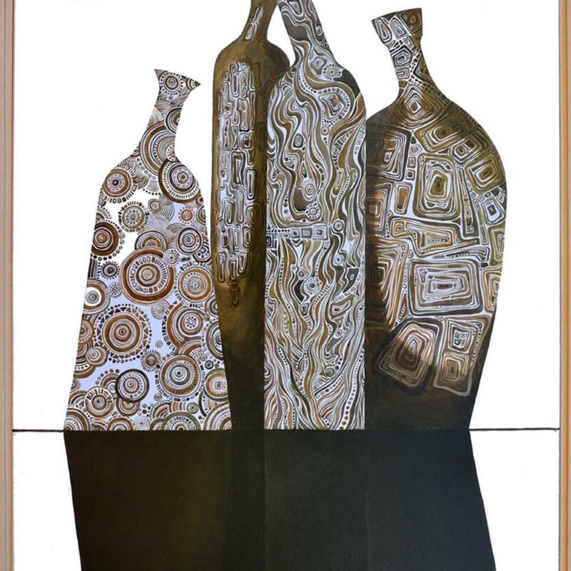 Curved Shadows framed painting by Yelena Revis featuring four patterned ceramic vessels and dark dramatic shadows.